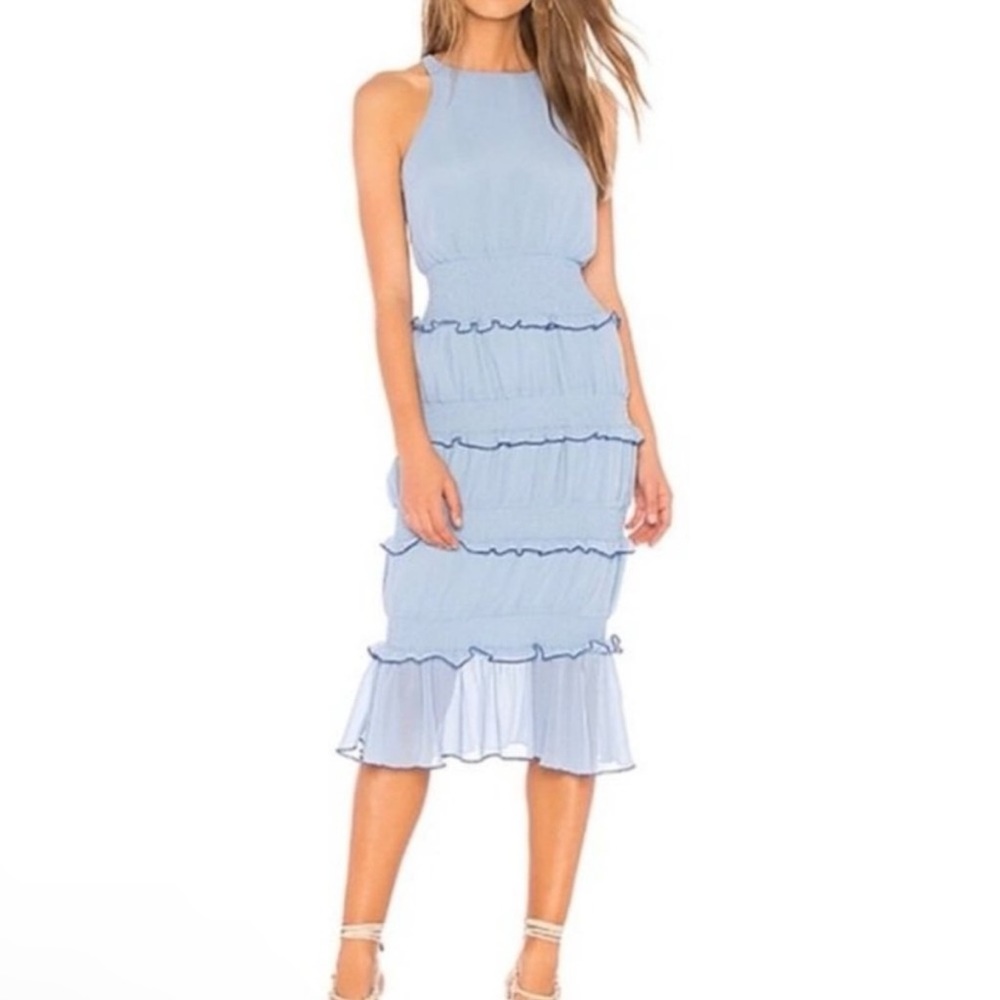 Lovers + Friends Mardi Midi Dress Blue size XS Tiered Ruffle Smocked NEW
